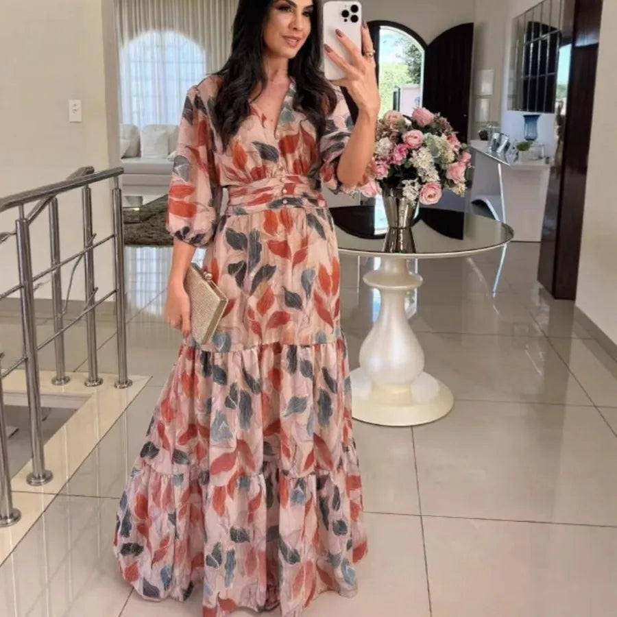 2026 European and American women's clothing summer new style V-neck fashionable elegant printed long dress for women