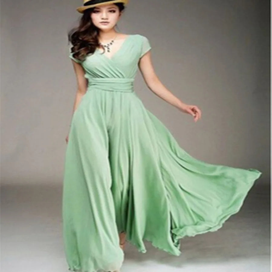 【New style】- access  Europe and America V-neck short-sleeved Bohemian chiffon waist dress