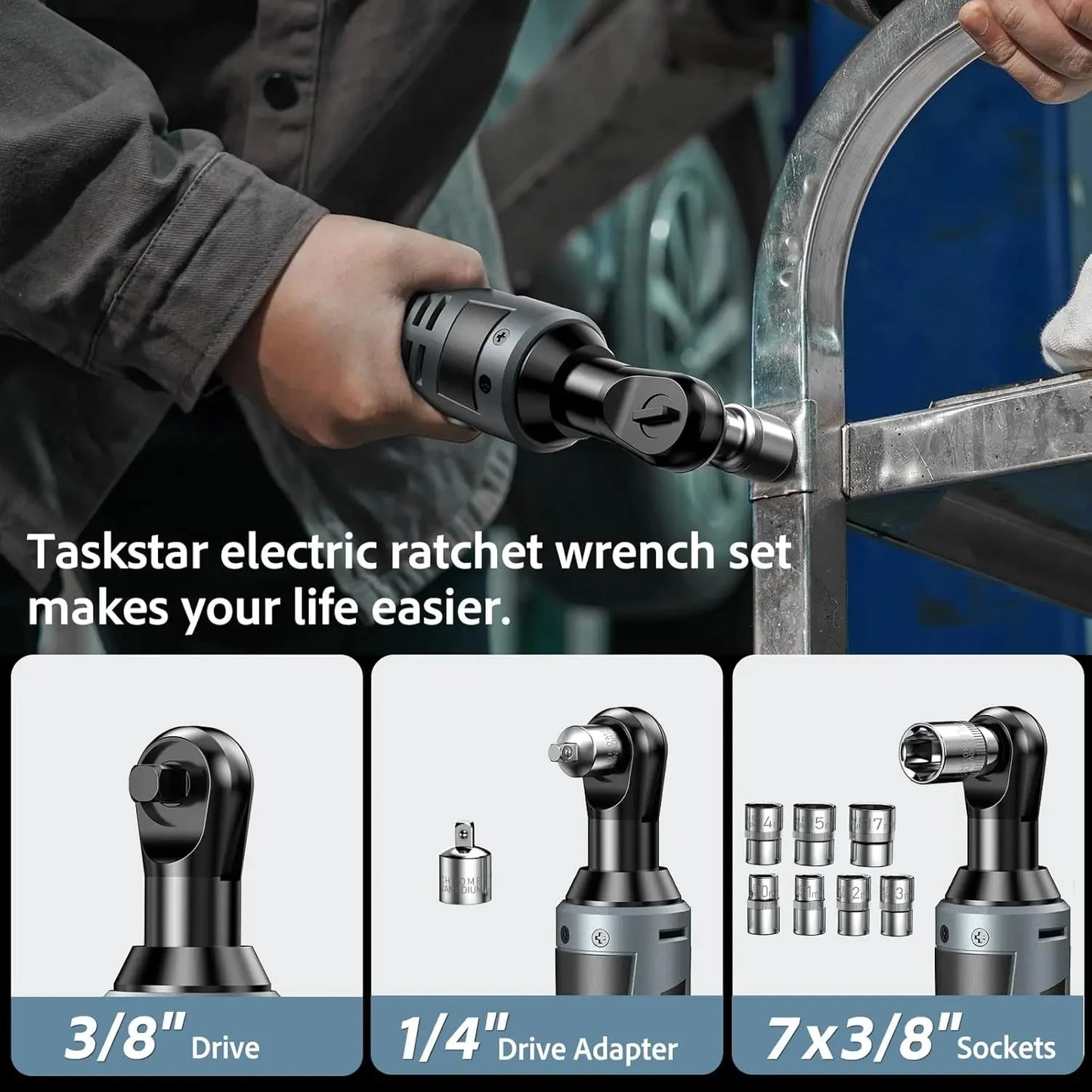 TaskStar 12V 3/8" Electric Ratchet Wrench Set w/ 2.0Ah Battery Rechargeable Angle Wrench 40Nm Disassembly Nut Car Repair Tool