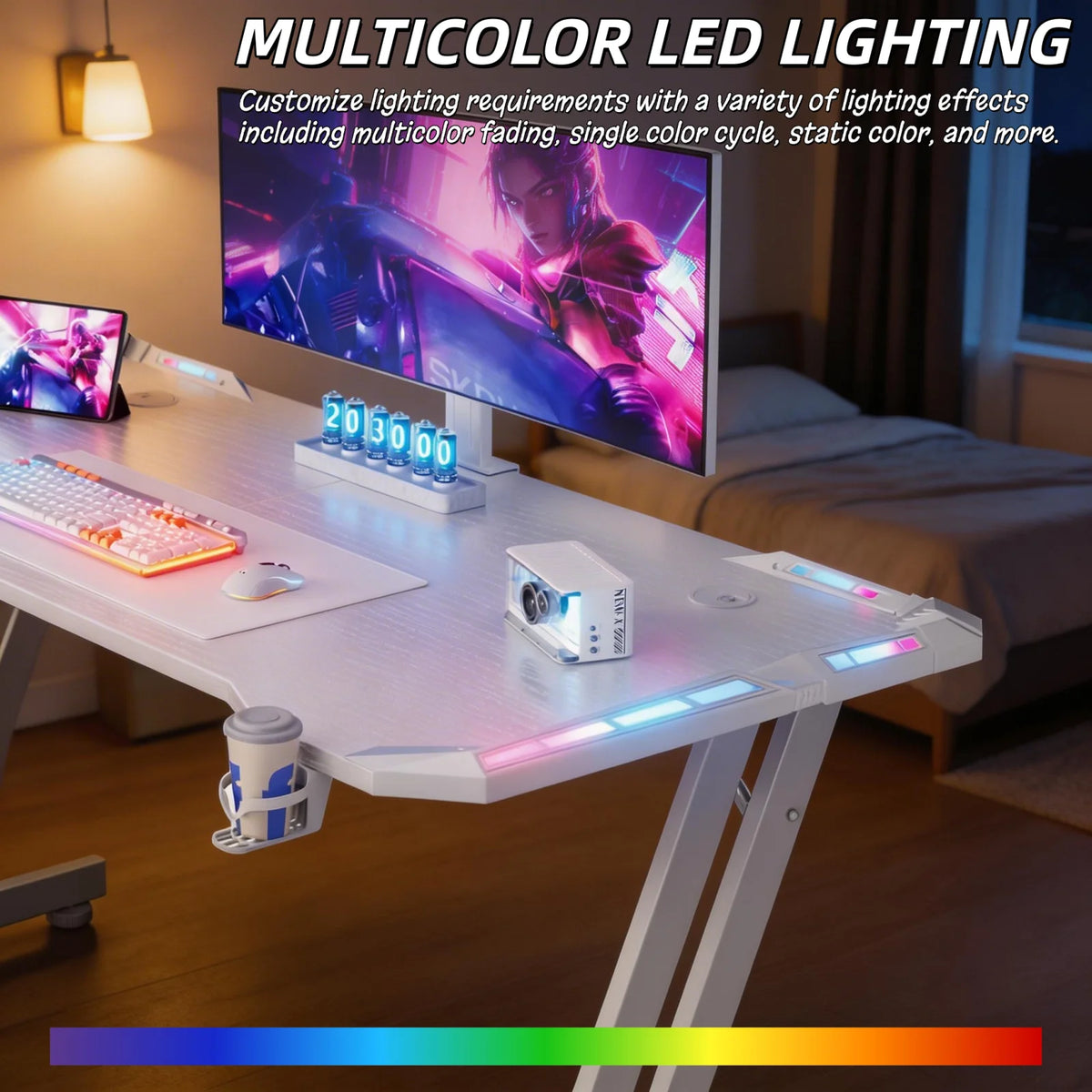 Frodrovia Ergonomic Gaming Desk With Led Lights And Cup Holder