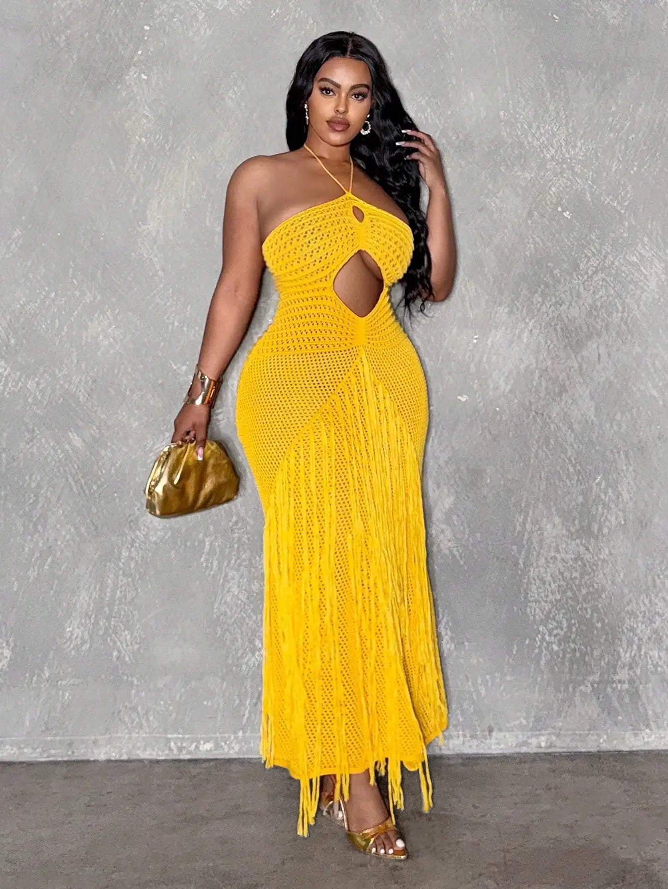 Mustard Yellow Knit Halter Cutout Fringed Bodycon Maxi Dress For Women