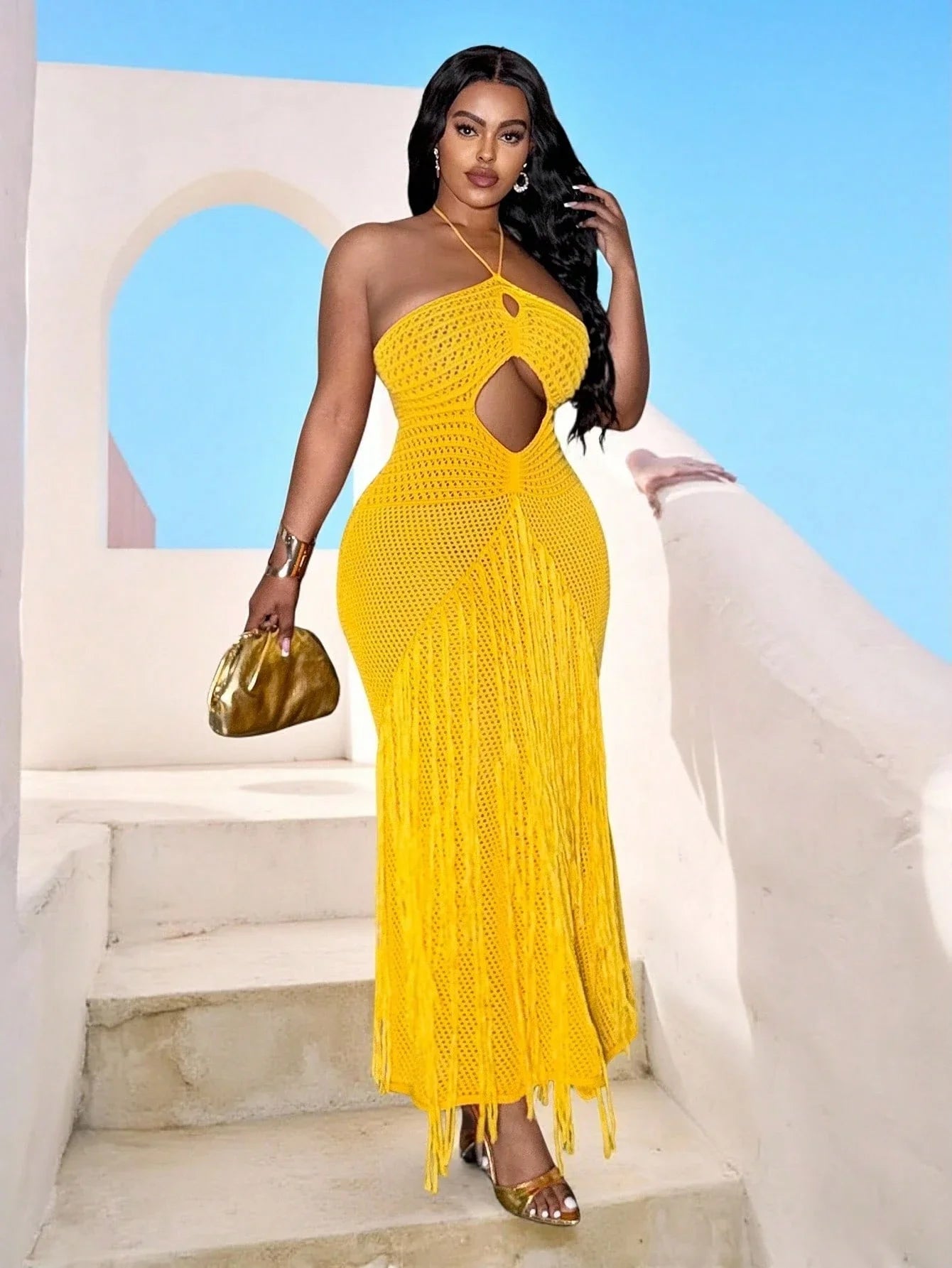 Mustard Yellow Knit Halter Cutout Fringed Bodycon Maxi Dress For Women