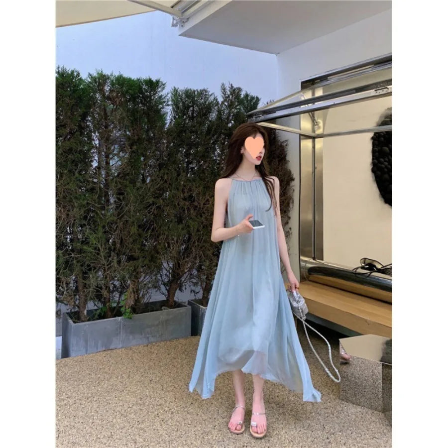 【New style】Norway summer seaside gentle long suspender dress romantic suspender a-line super fairy holiday dress