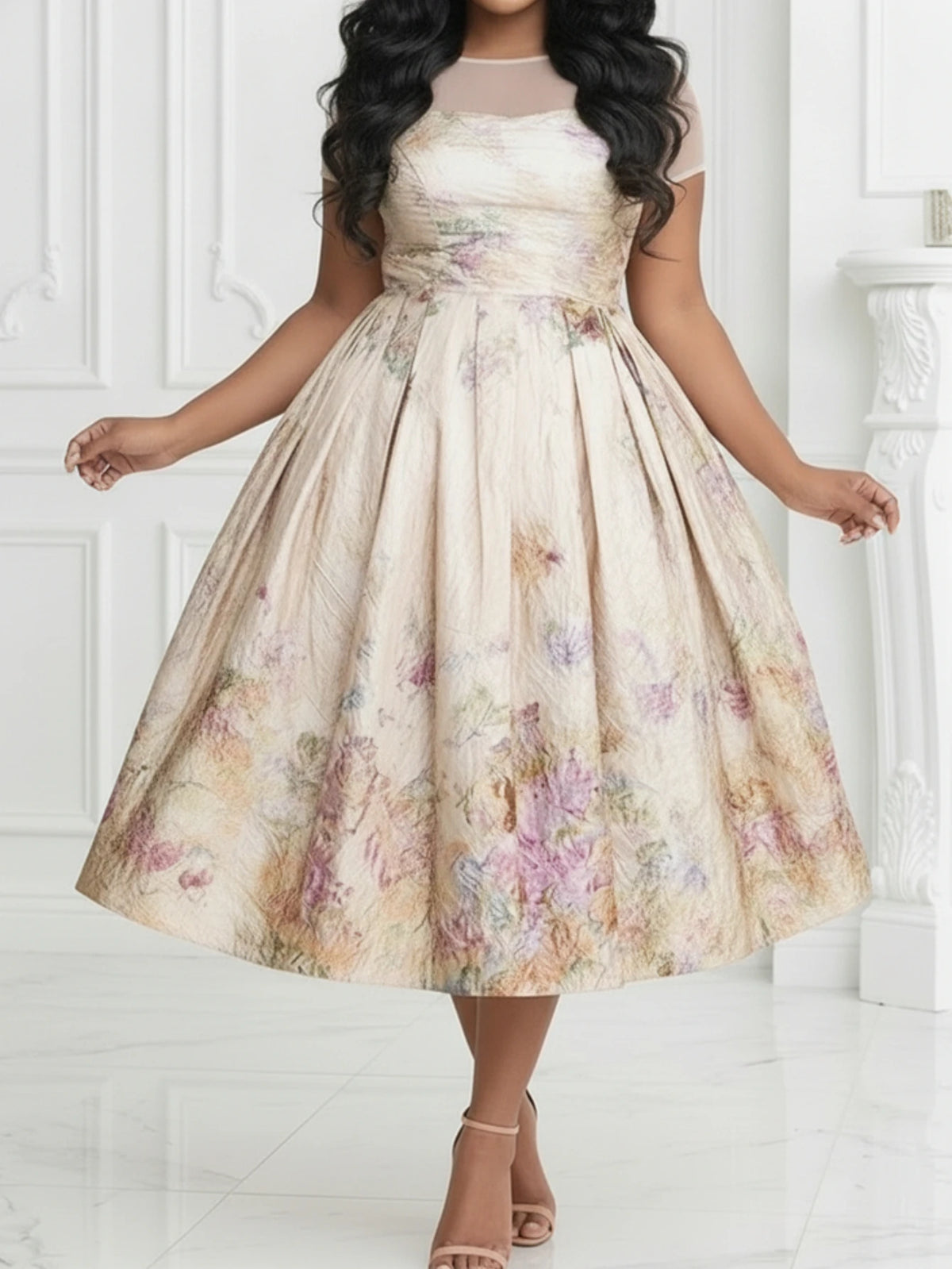 Women Printed Pleated Polyester Dress For Casual Occasions