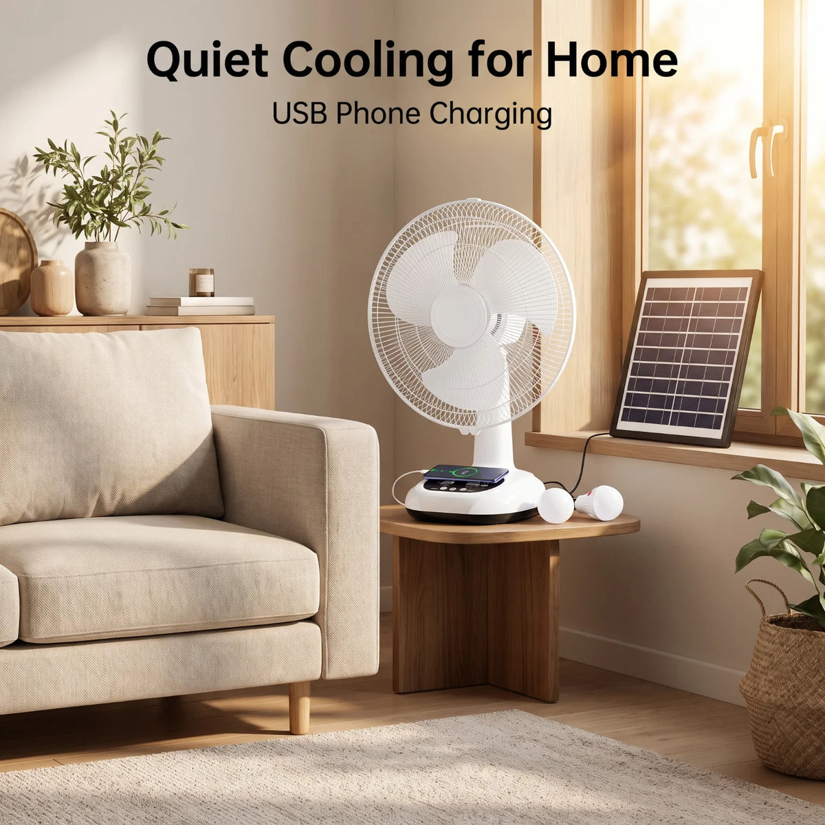 Solar Powered Fan Set With LED Bulbs 6V 4500mAh Rechargeable Desk Fan 18W Copper Motor 2 Speed Wind Portable Cooling Fan Built In Battery Power Bank Function With 9V 3W Solar Panel For Outdoor Camping Home Emergency Lighting