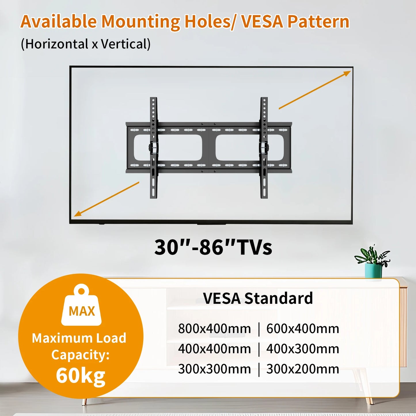 Ultra Slim Tilting TV Wall Mount Bracket Universal for 30-86 Inches Max Load 60kg