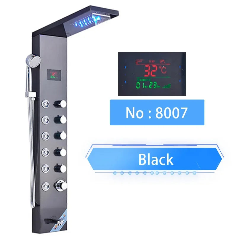 LED Shower Panel Digital Display Shower Faucet System Set Rain Waterfall Bathroom Column Mixer With SPA Massage Jet