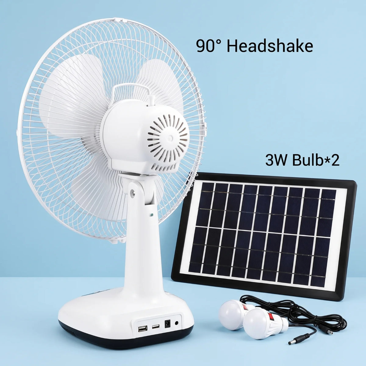 Solar Powered Fan Set With LED Bulbs 6V 4500mAh Rechargeable Desk Fan 18W Copper Motor 2 Speed Wind Portable Cooling Fan Built In Battery Power Bank Function With 9V 3W Solar Panel For Outdoor Camping Home Emergency Lighting