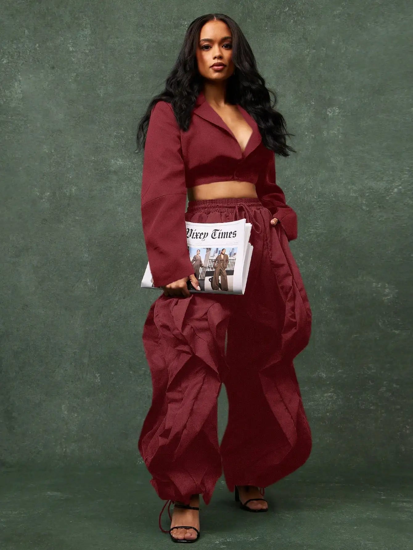 Crop Top And Ruffle Detail Wide Leg Jogger Pants Set