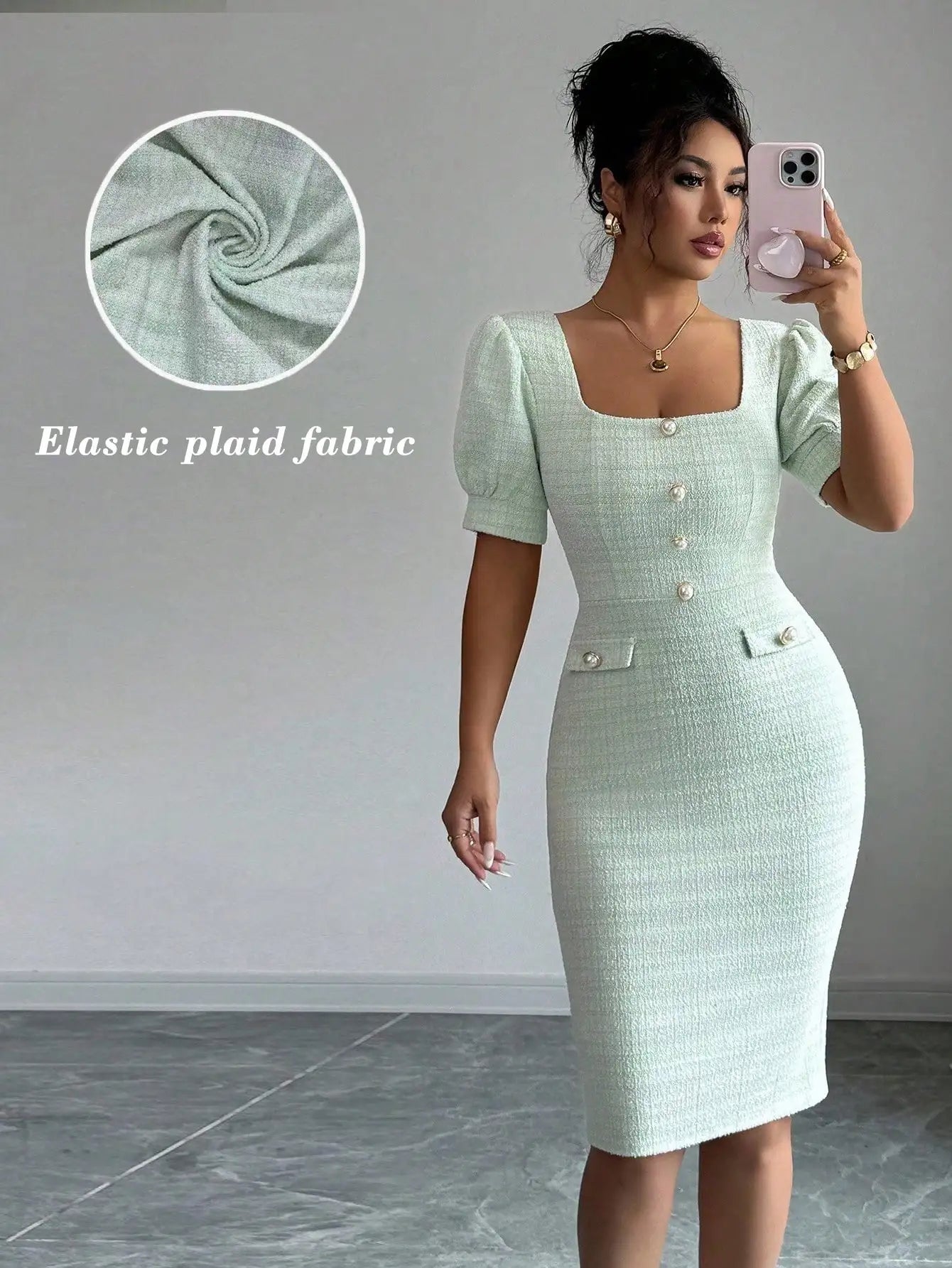 Elegant Square Neck Puff Sleeve Bodycon Midi Dress With Buttons