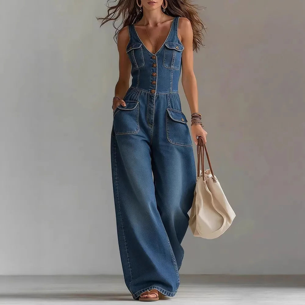 Casual Overalls Plus Size Washing Denim Jumpsuit Straight Loose Sleeveless Strap Jumpsuit V Neck Rompers Wide Leg Loose Pants
