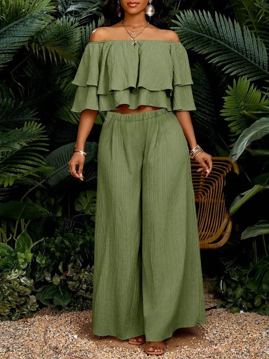 Women Off Shoulder Ruffle Crop Top With Wide Leg Pants