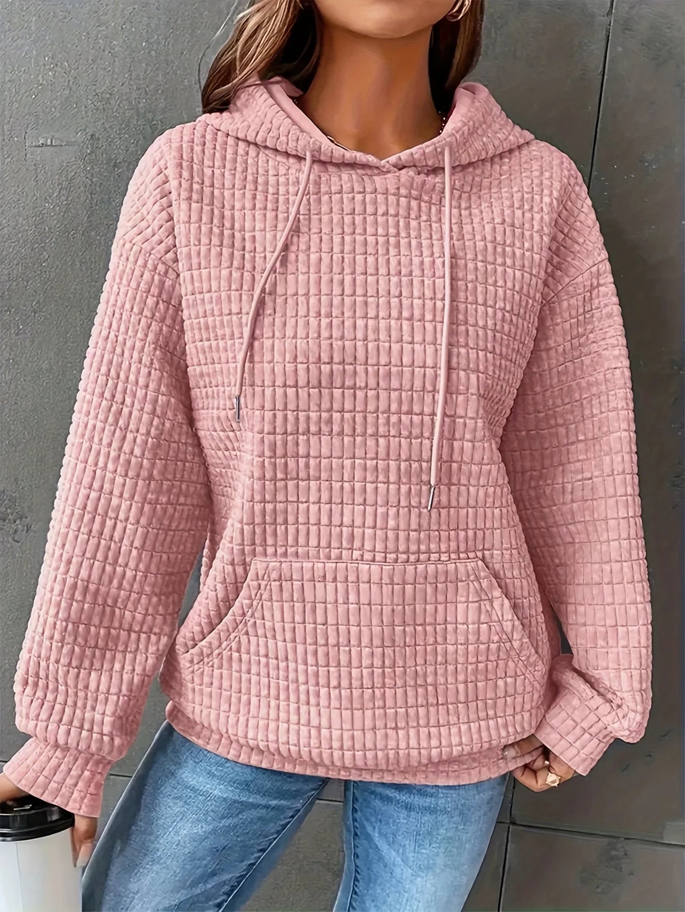 Women Waffle Knit Hoodie Drawstring Pullover Sweatshirt Kangaroo Pocket
