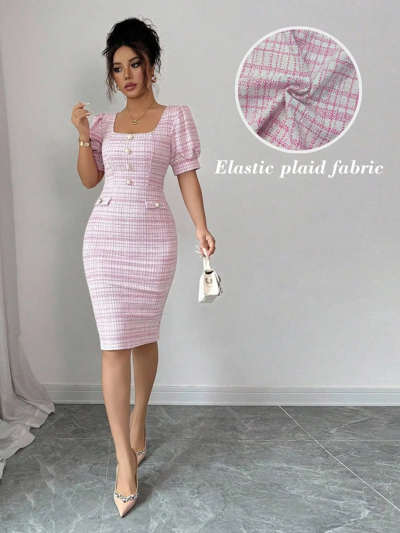 Elegant Square Neck Puff Sleeve Bodycon Midi Dress With Buttons