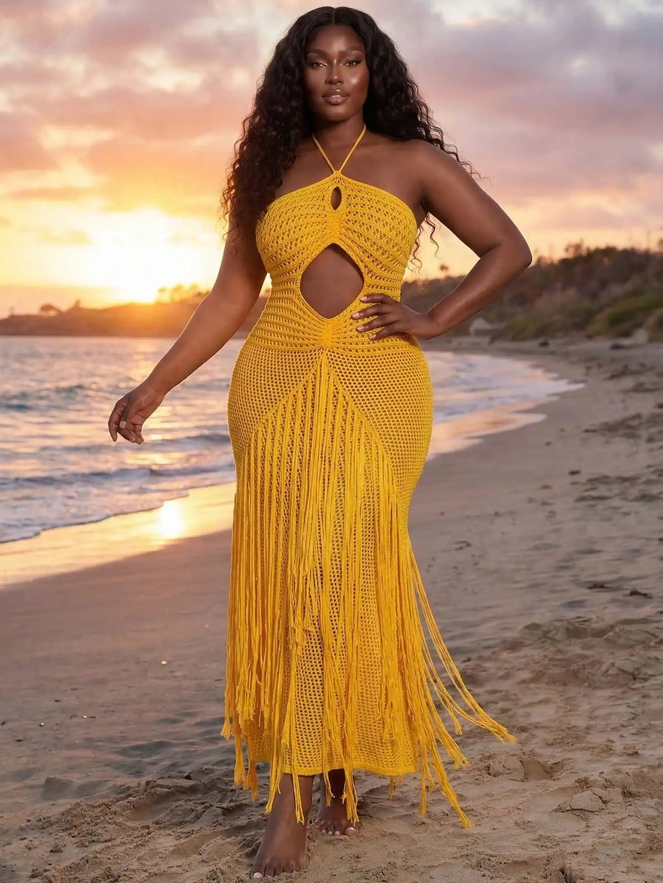 Mustard Yellow Knit Halter Cutout Fringed Bodycon Maxi Dress For Women