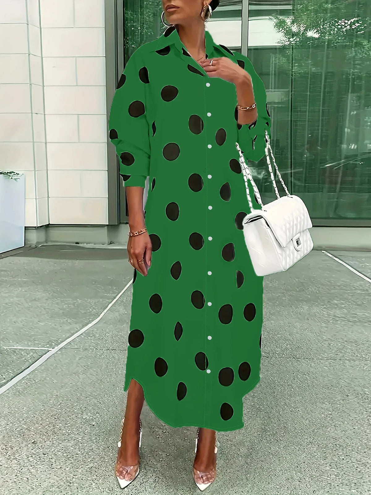 Elegant Polka Dot Lapel Women Fashion Long Sleeve Dress