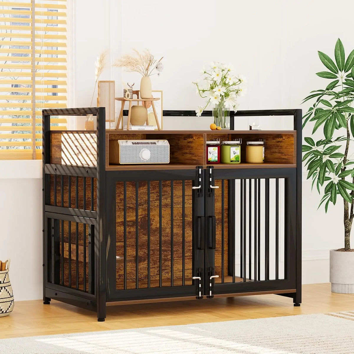 Garvee Wooden Indoor Dog Crate Furniture With Storage Shelves