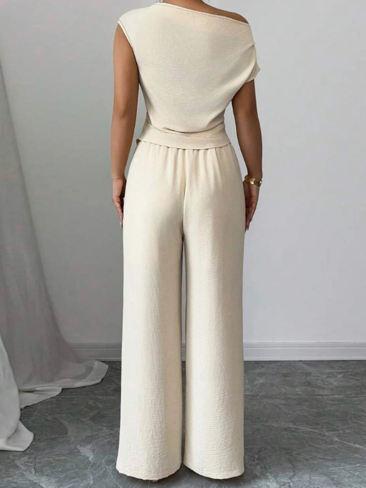 Women Asymmetric Top Wide Leg Pants Two Piece Casual Set