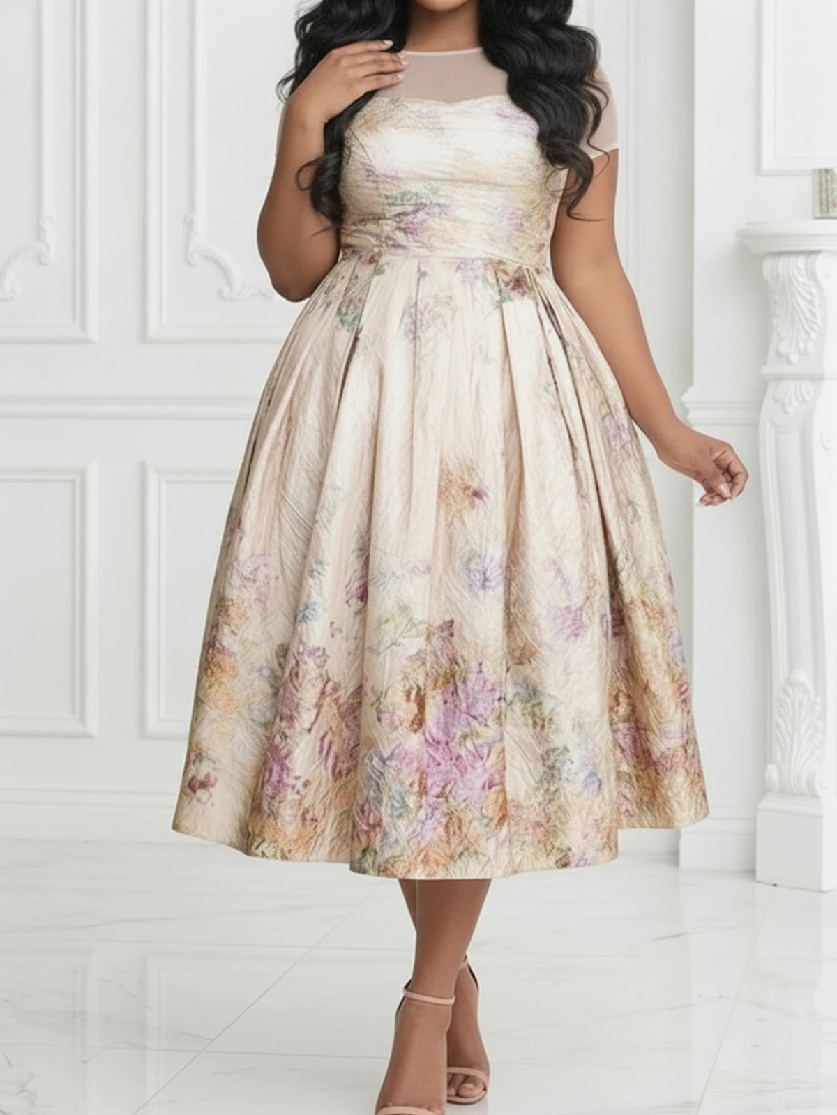 Women Printed Pleated Polyester Dress For Casual Occasions