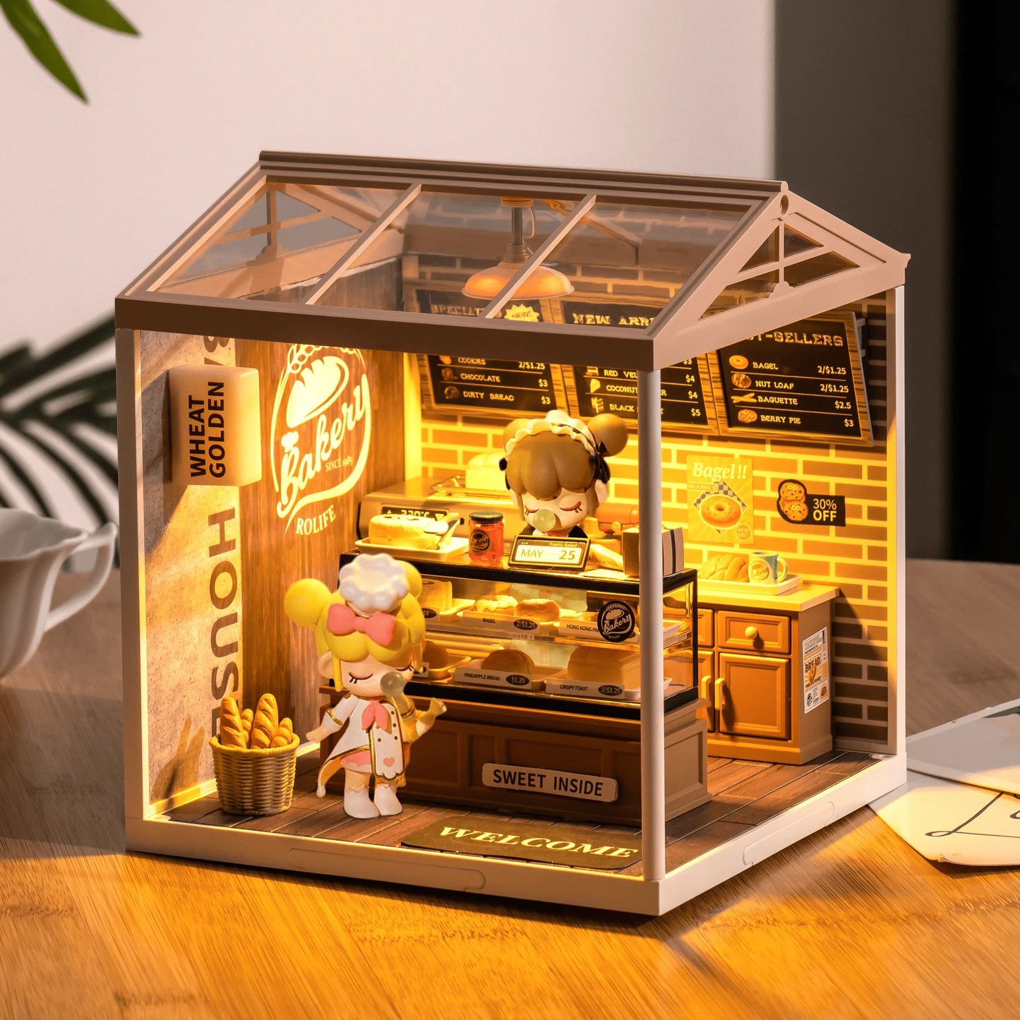 Rolife DIY Miniature House Kit Golden Wheat Bakery Super Creator Dollhouse 3D Puzzle Model Building Kit with LED for Home Decor