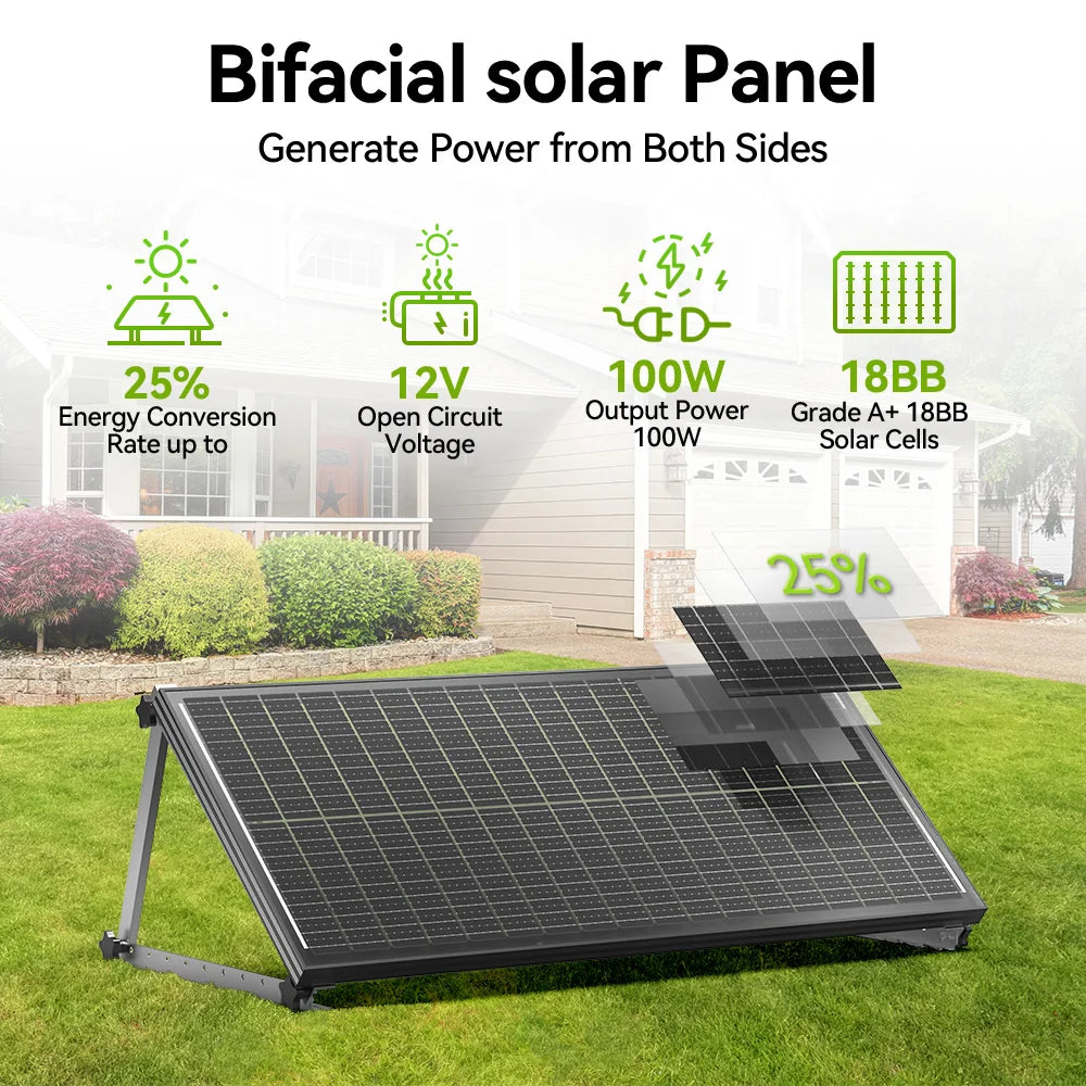Rvpozwer 12V 400W/200W/100W Bifacial Solar Panel Monocrystalline 25.5% High-Efficiency 18BB Cells PV Power Home Rooftop Camping