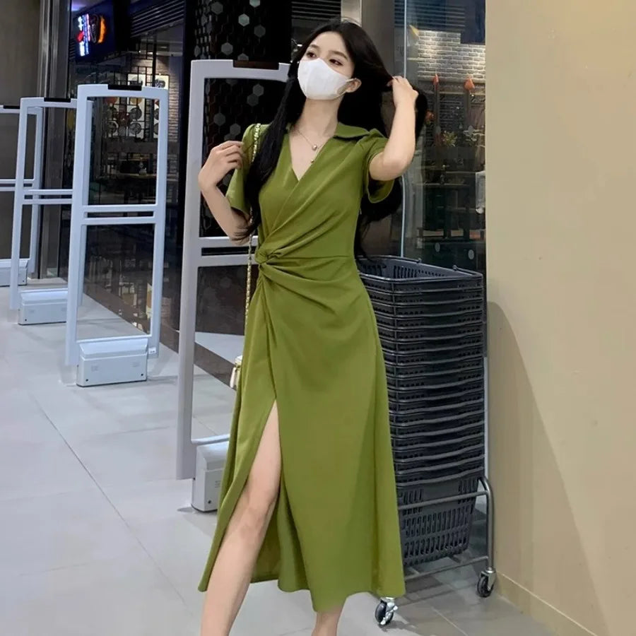 【New style】Pear shaped figure super slimming and skin-covering dress summer new style polo collar knot knot -style split a-line