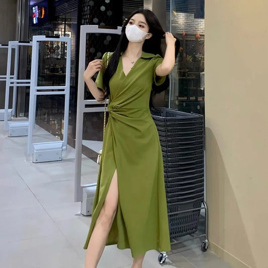 【New style】Pear shaped figure super slimming and skin-covering dress summer new style polo collar knot knot -style split a-line