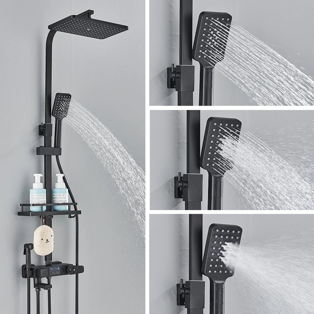 Rozin Black Smart Thermostatic Shower Faucet Set Bathroom Intelligent Rainfall Digital Mixer Tap With Rack and Bidet Bath System