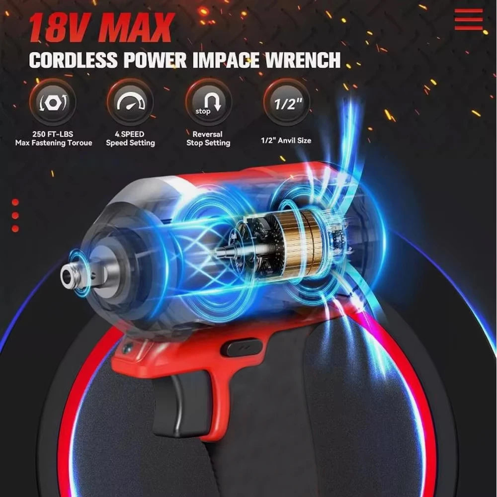 500N.m Brushless Impact Wrench Electric Driver 1/2" Repair Cordless Screwdriver 4 Gears Power Tools for Milwaukee 18V Battery