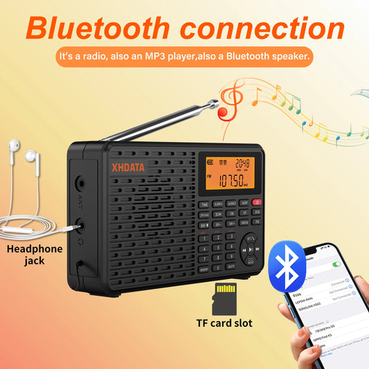 XHDATA D109 World Band Radio DSP AM FM SW LW Receiver Portable Bluetooth Speaker MP3 Player with TF Card Support Alarm Clock
