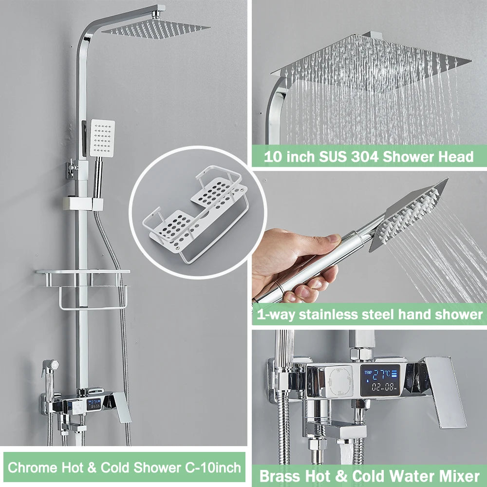 Rozin Black Smart Thermostatic Shower Faucet Set Bathroom Intelligent Rainfall Digital Mixer Tap With Rack and Bidet Bath System