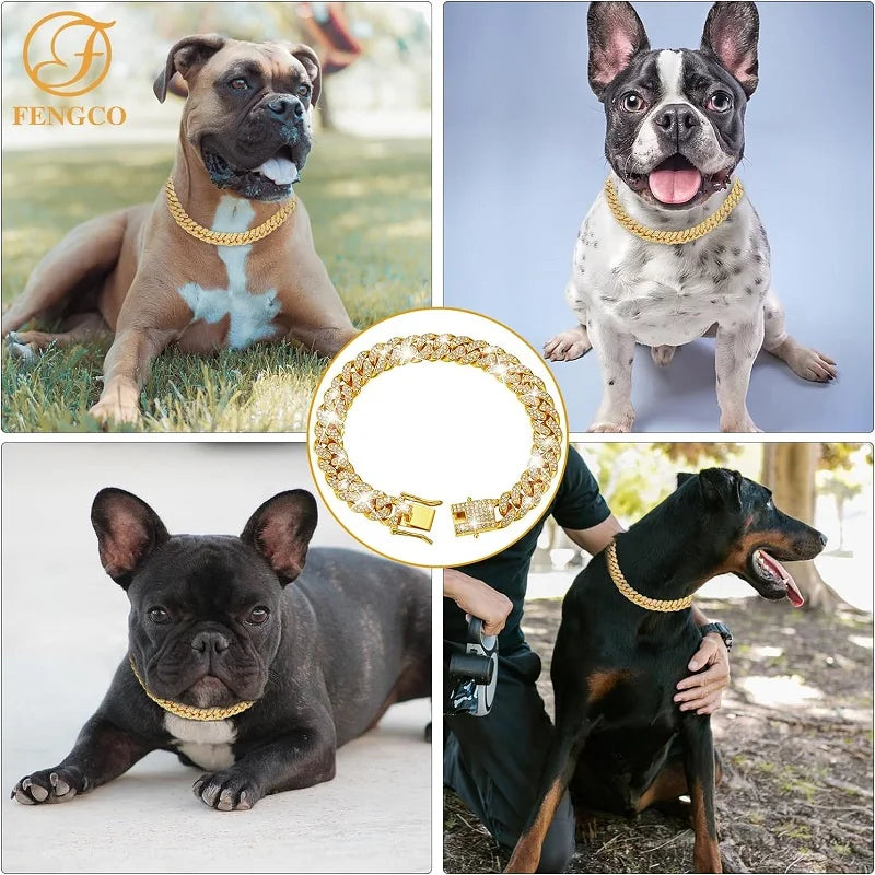 Luxury Stainless Steel Pet Chain Collar With Jeweled Details