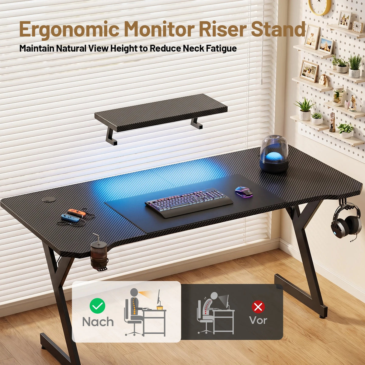 FRODROVIA Ergonomic Gaming Desk With Monitor Stand And Light Strip