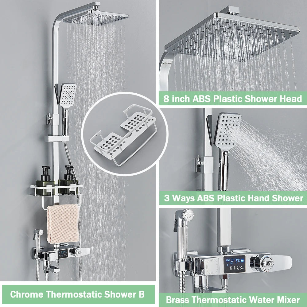 Rozin Black Smart Thermostatic Shower Faucet Set Bathroom Intelligent Rainfall Digital Mixer Tap With Rack and Bidet Bath System