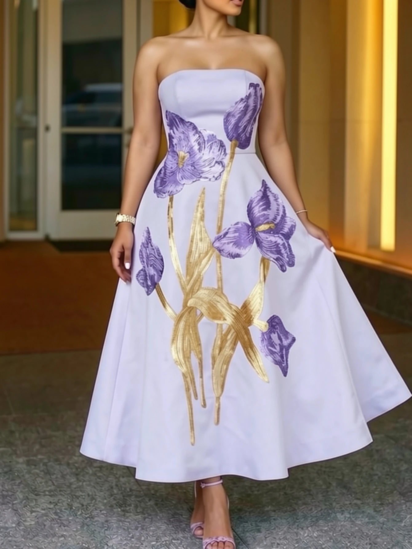 Women Strapless Patchwork Printed Midi Evening Dress