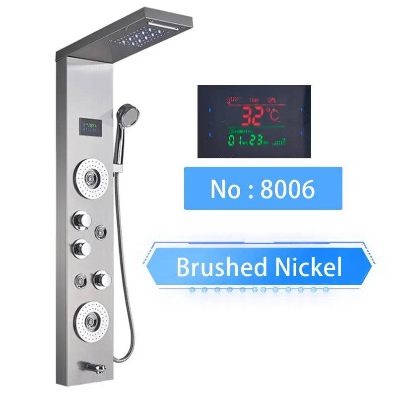 LED Shower Panel Digital Display Shower Faucet System Set Rain Waterfall Bathroom Column Mixer With SPA Massage Jet
