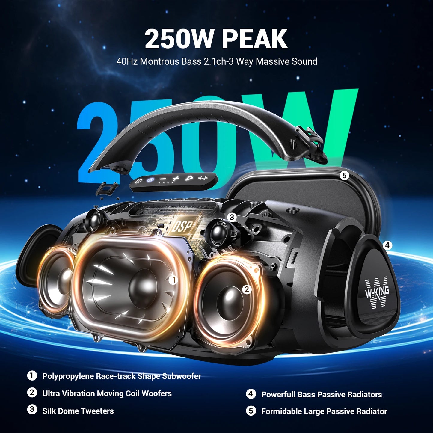 W-KING X20S 180W RMS Portable Bluetooth Speakers,Massive Bass Party Boombox IPX7 Waterproof Speaker Large, Loud Outdoor Speaker