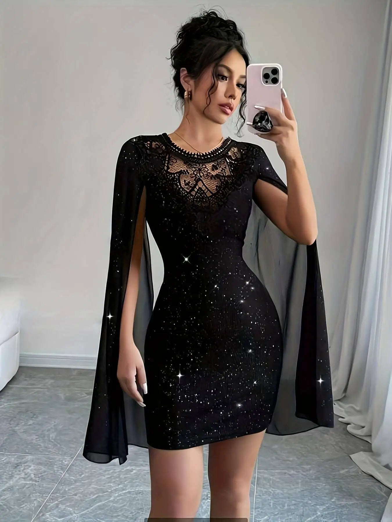 Women Glitter Bodycon Lace Cape Sleeve Party Evening Dress