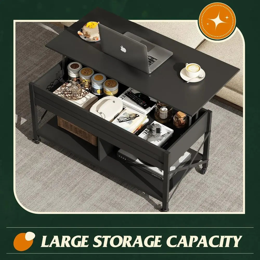 Coee Table, 41.3" Lit Top Coee Table with 4 Wheels, Hidden Comparent, Storage Shel and Lit Tabletop or Living Room, Retion Room,