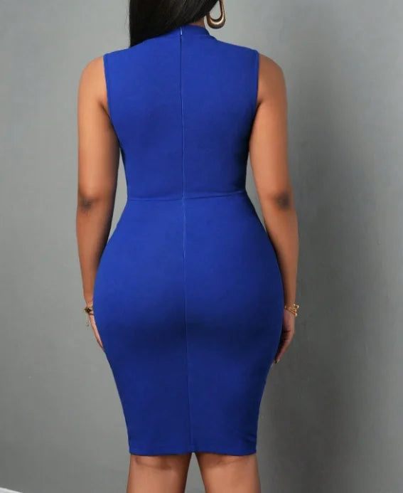 Women Sleeveless Stand Collar Midi Dress For Business Or Formal