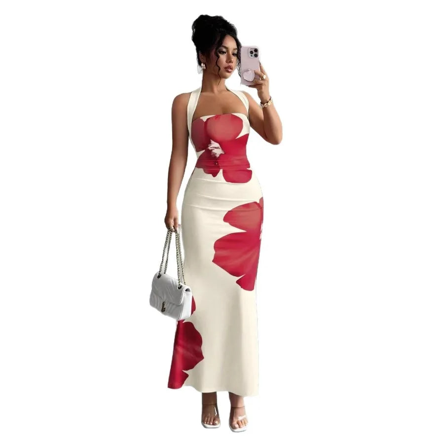 【New style】European and American   women's clothing 2026 new style  hot style hanging neck backless long dress bag hip printed
