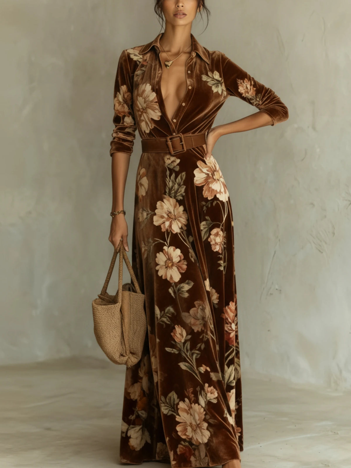 Women Floral Print Lapel Collar Long Sleeve Maxi Dress
