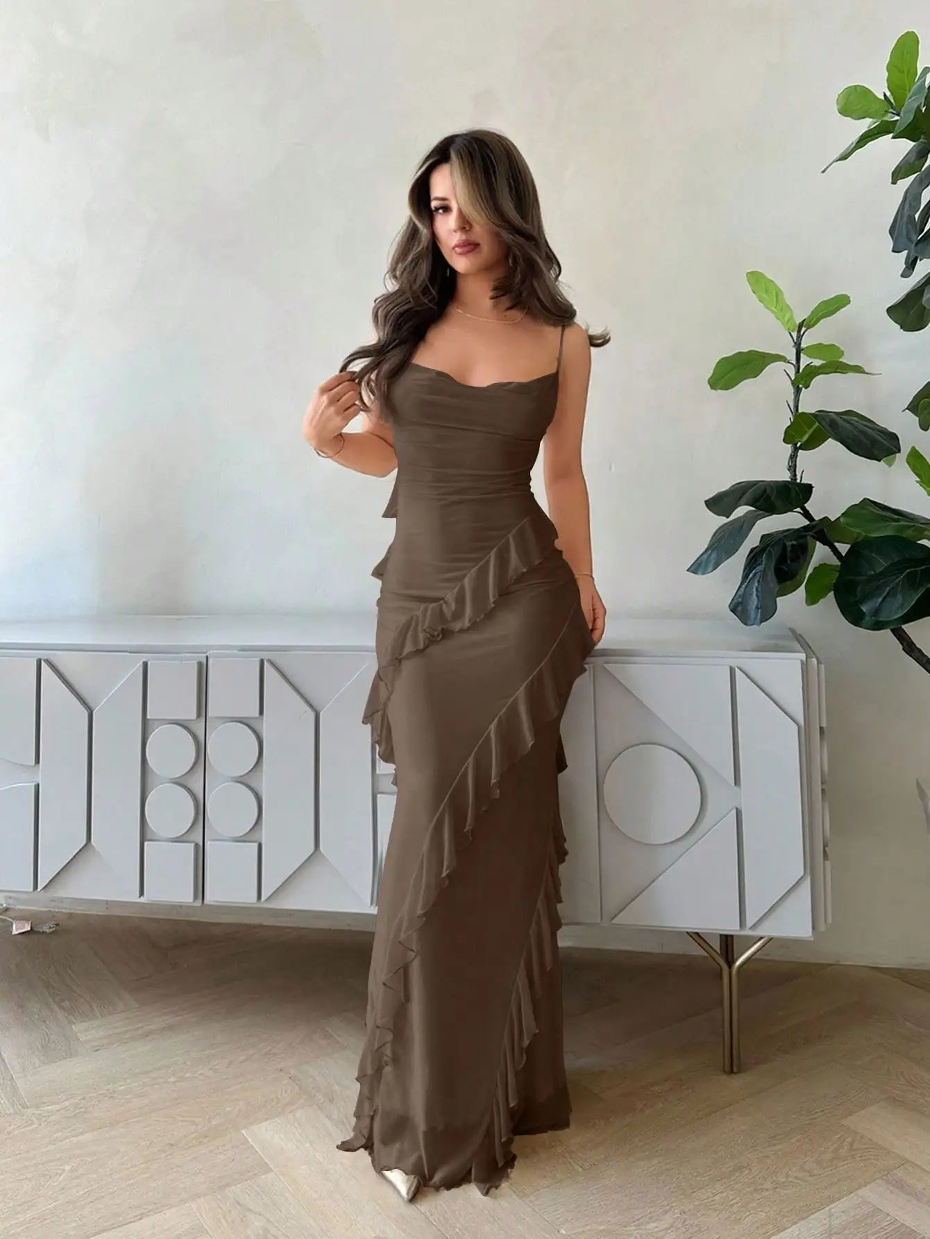 Long Ruffle Trim Camisole Neck Bodycon Dress For Women Romantic Date Party Spring Summer Pastel