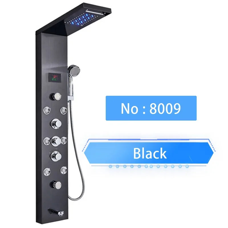 LED Shower Panel Digital Display Shower Faucet System Set Rain Waterfall Bathroom Column Mixer With SPA Massage Jet