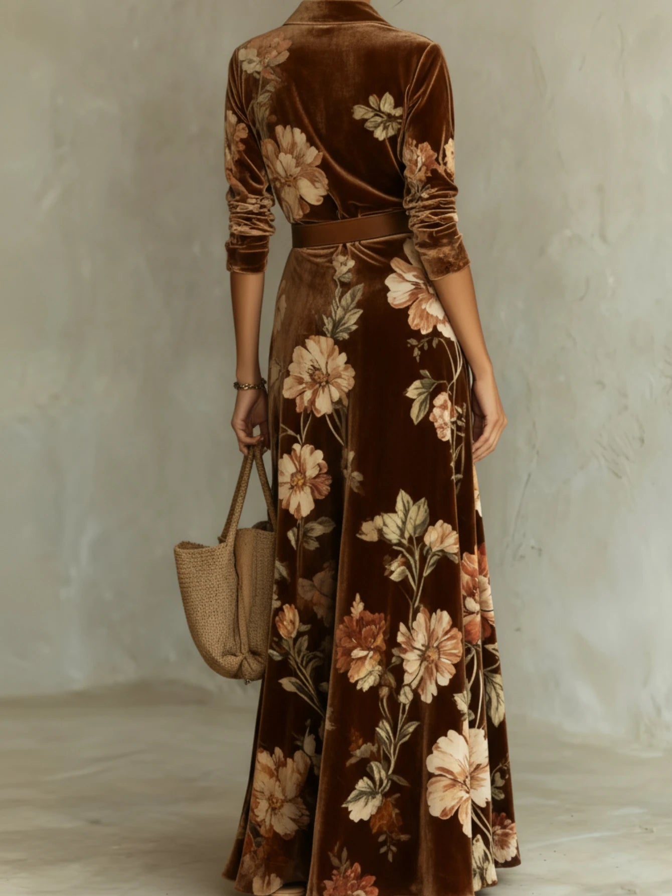 Women Floral Print Lapel Collar Long Sleeve Maxi Dress