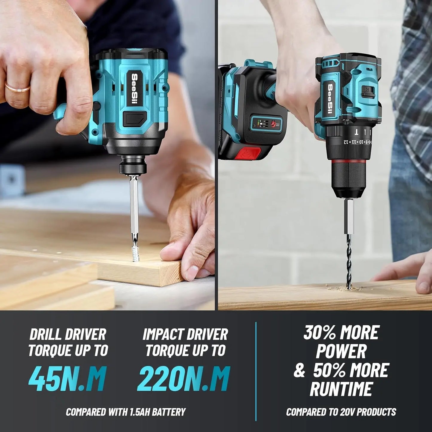 SEESII 21V Max Cordless Electric Drill and Impact Driver Screwdriver Tool Kit 3/8'' Drill & 1/4'' Impact Driver 2x 4.0Ah Battery