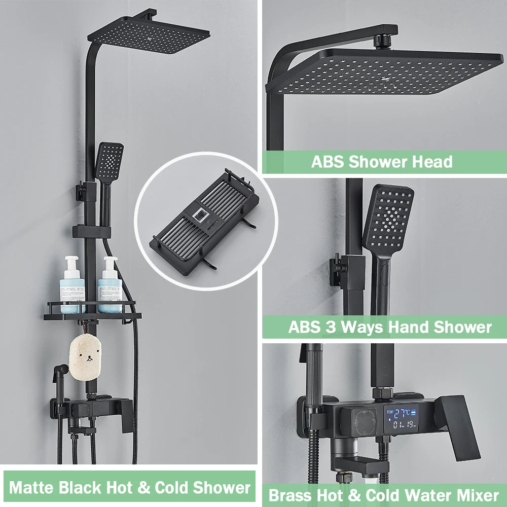 Rozin Black Smart Thermostatic Shower Faucet Set Bathroom Intelligent Rainfall Digital Mixer Tap With Rack and Bidet Bath System
