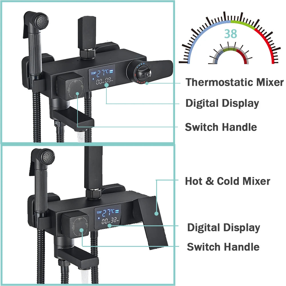 Rozin Black Smart Thermostatic Shower Faucet Set Bathroom Intelligent Rainfall Digital Mixer Tap With Rack and Bidet Bath System