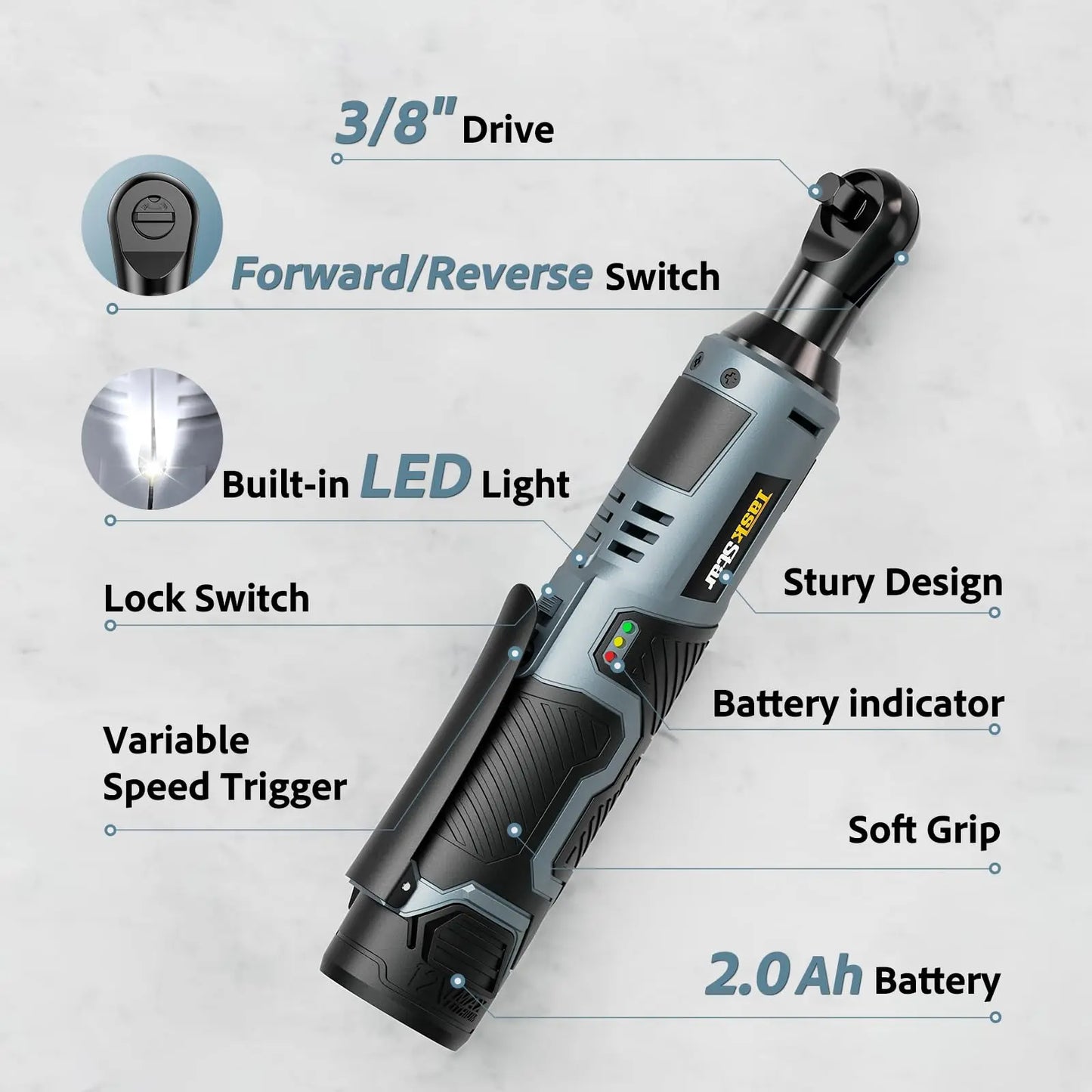 TaskStar 12V 3/8" Electric Ratchet Wrench Set w/ 2.0Ah Battery Rechargeable Angle Wrench 40Nm Disassembly Nut Car Repair Tool