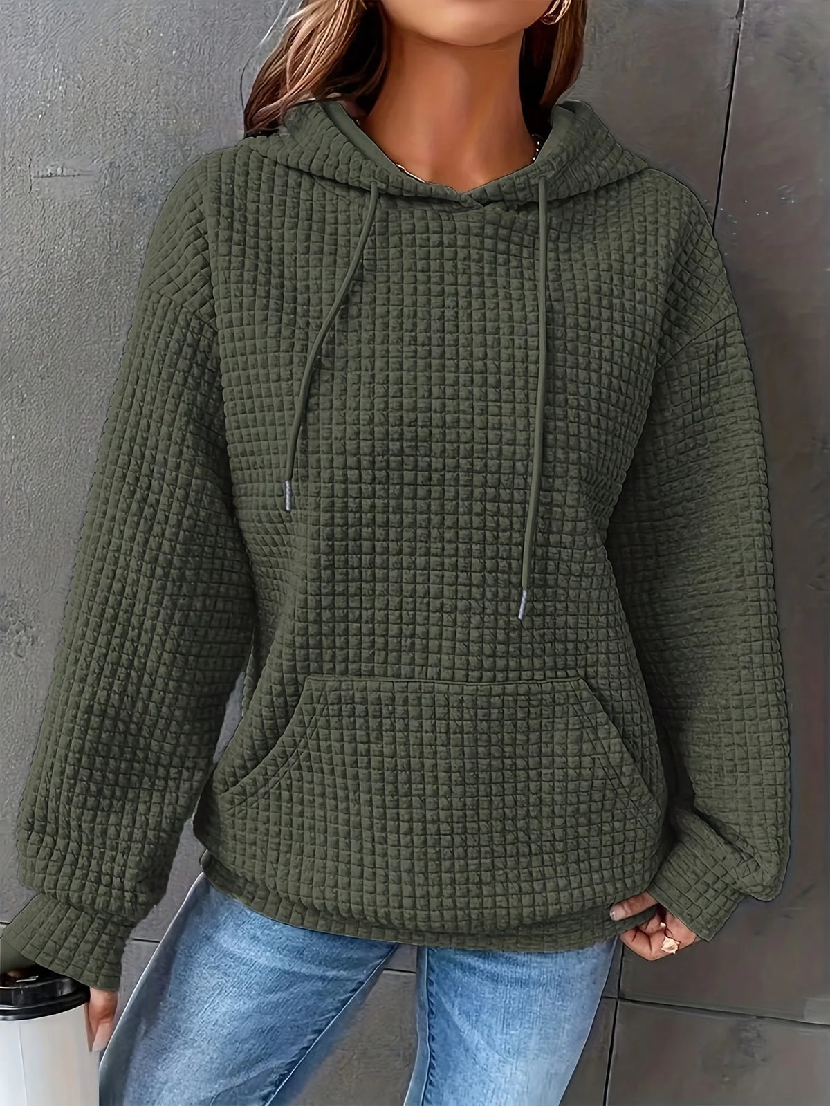 Women Waffle Knit Hoodie Drawstring Pullover Sweatshirt Kangaroo Pocket